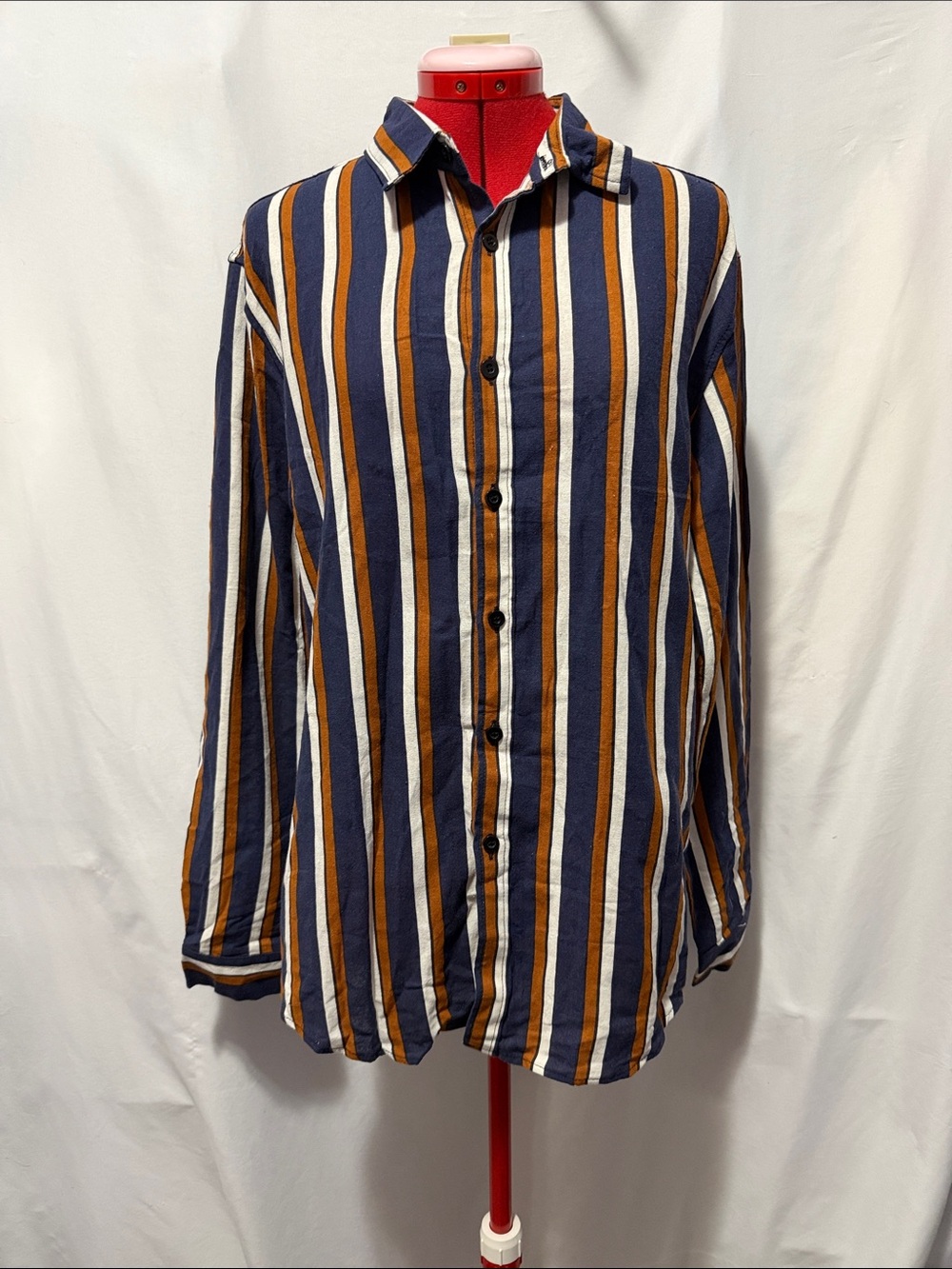 Men's Striped Button-Down Shirt in Navy, Mustard & White